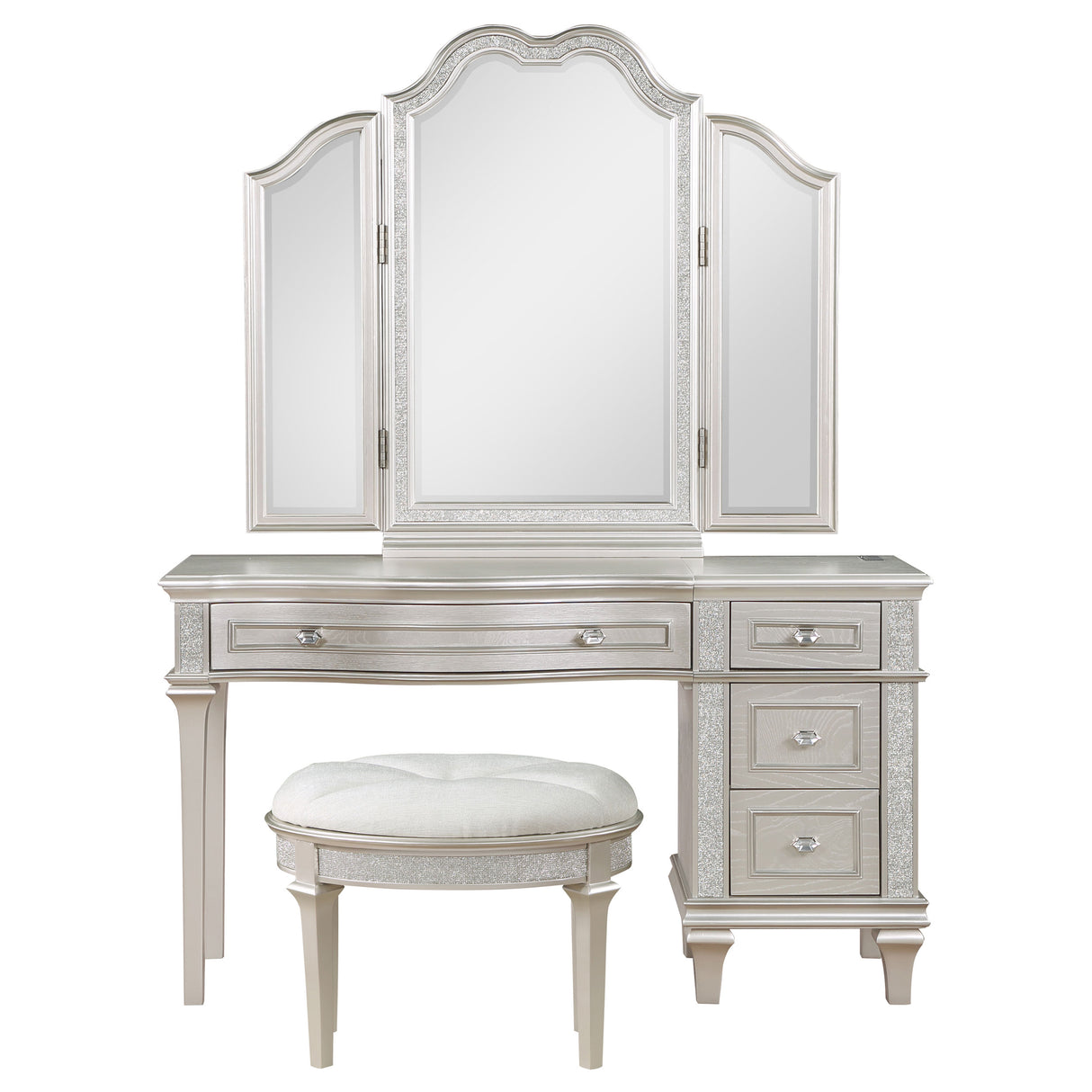 Vanity Set With Stool - Evangeline 3-piece Vanity Table Set with Tri-Fold Mirror and Stool Silver Oak