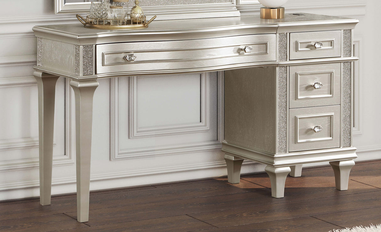 Vanity Table - Evangeline 4-drawer Vanity Table with Faux Diamond Trim Silver and Ivory