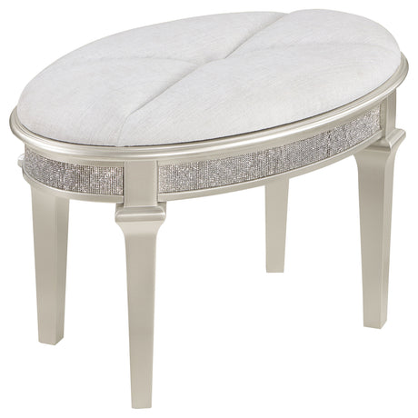 Vanity Stool - Evangeline Oval Vanity Stool with Faux Diamond Trim Silver and Ivory