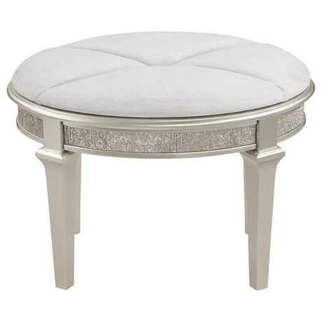 Vanity Stool - Evangeline Oval Vanity Stool with Faux Diamond Trim Silver and Ivory