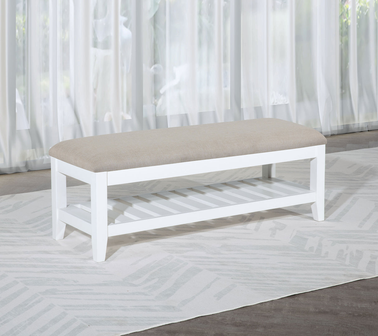 Bexhill Upholstered Rectangular Bench with Shelf White - Home Elegance USA