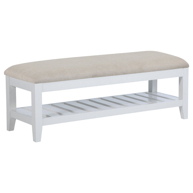 Bexhill Upholstered Rectangular Bench with Shelf White - Home Elegance USA