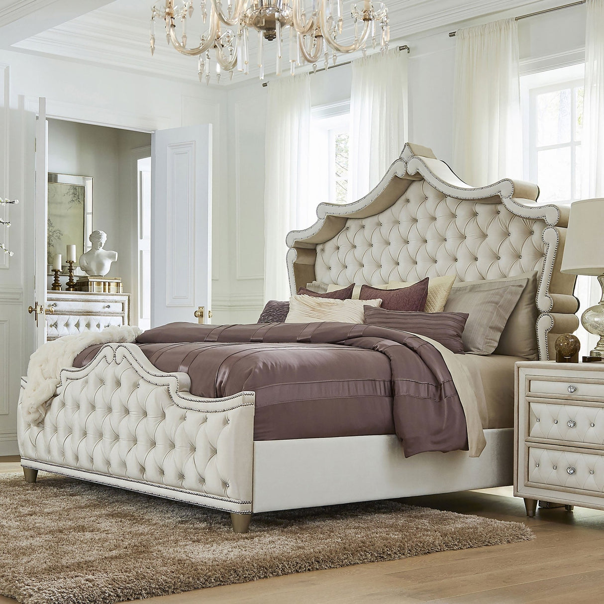 Antonella Upholstered Eastern King Panel Bed Ivory and Camel | Coaster | Home Elegance USA