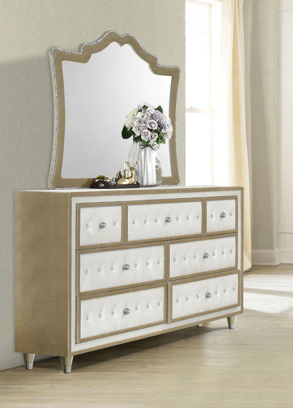 Antonella 7 - drawer Upholstered Dresser with Mirror Ivory and Camel | Coaster - 223523M - Home Elegance USA - 2