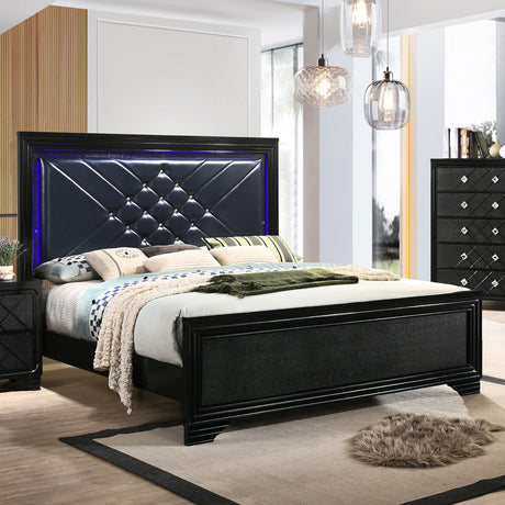 Eastern King Bed  - Penelope Wood Eastern King LED Panel Bed Midnight Star