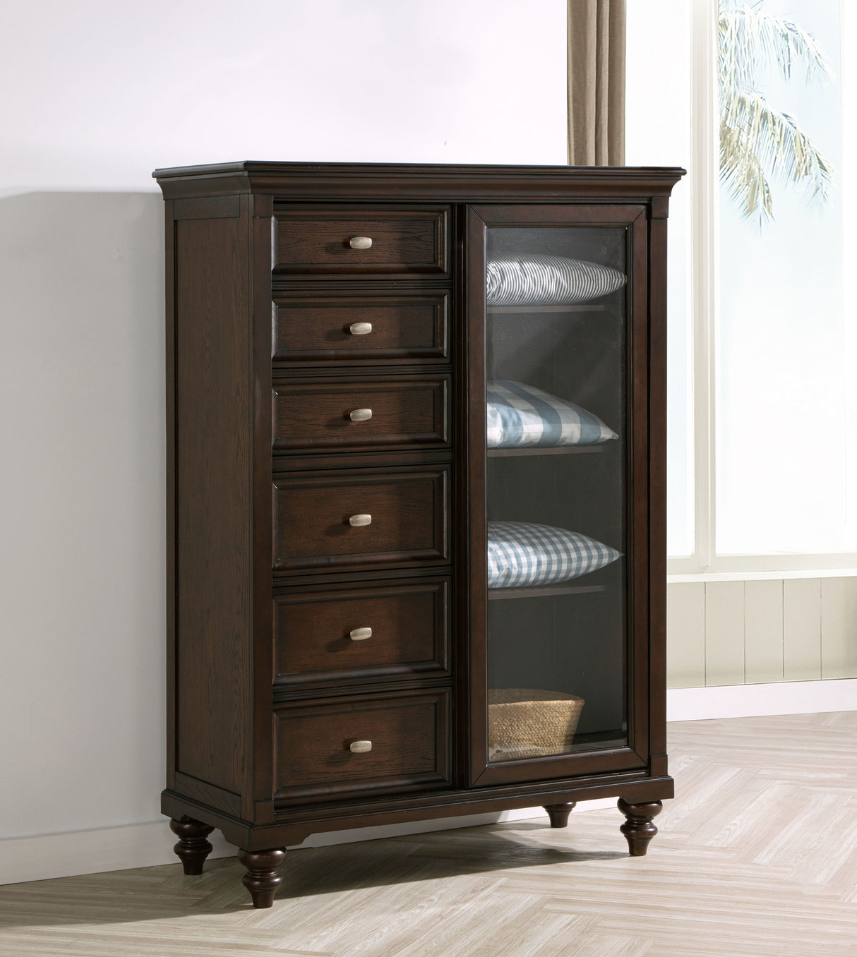 Andover 6-drawer Tempered Glass Door Chest Dark Oak - Home Elegance USA