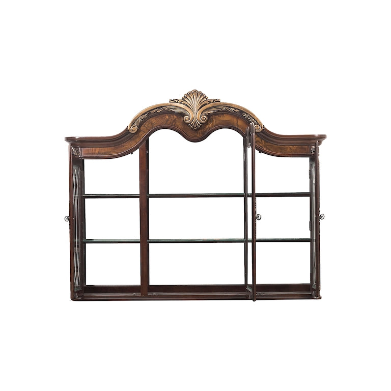 Decorative wooden headboard with intricate carvings on a white background