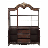 Dark wood dresser with decorative top on a white background