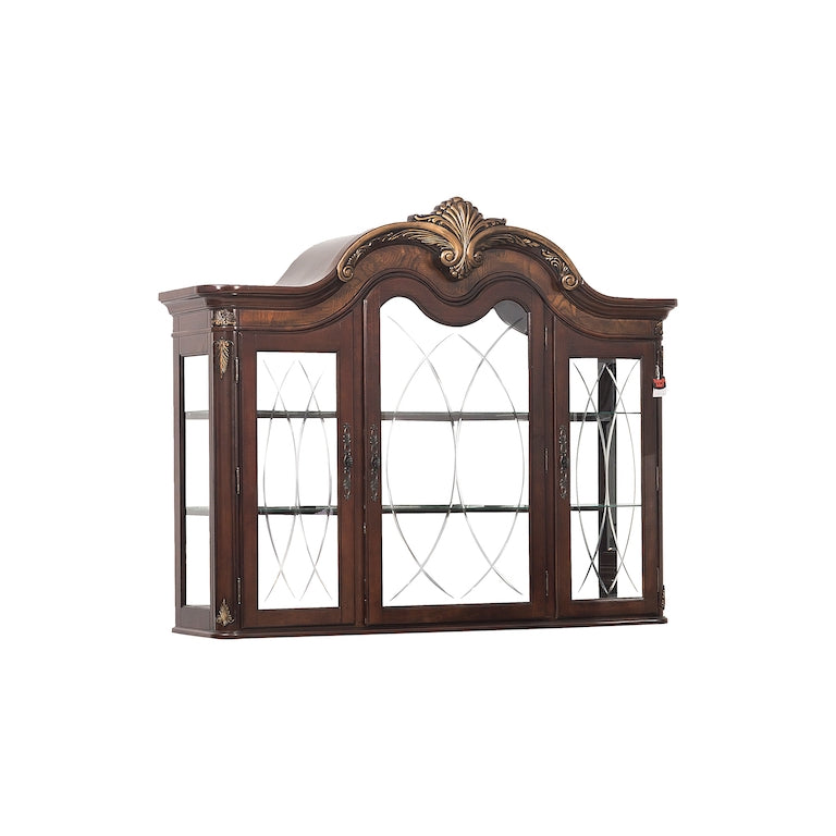 Decorative wooden wall cabinet with glass panels on a white background