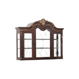 Decorative wooden wall cabinet with glass panels on a white background