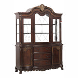 Wooden china cabinet with glass doors and decorative elements on a white background