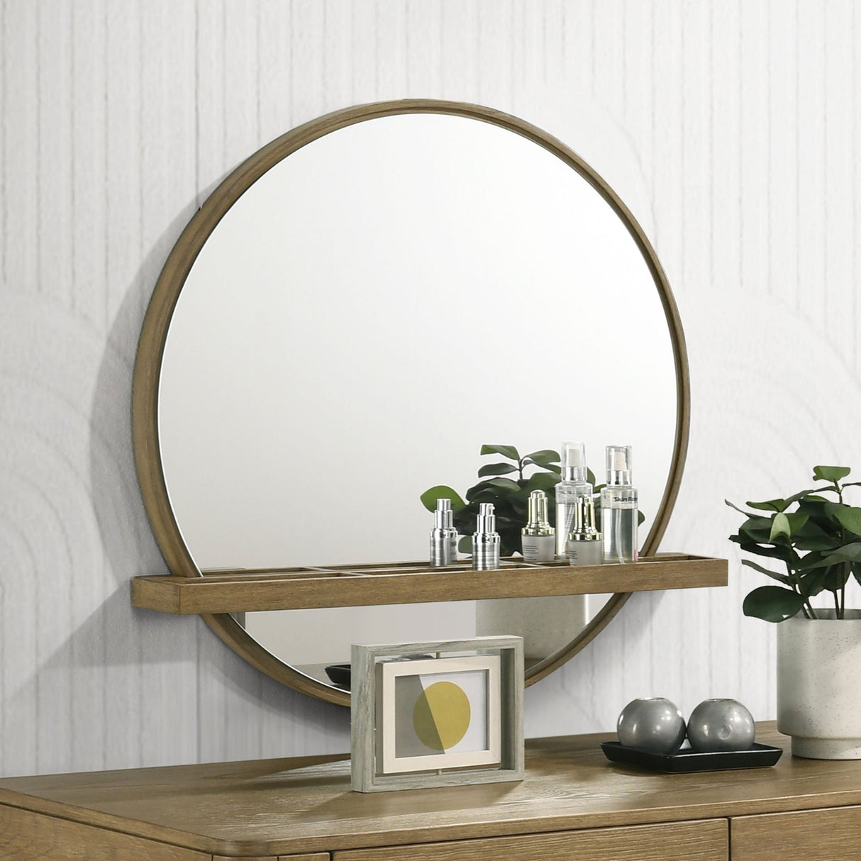 Arini Round Vanity Wall Mirror with Shelf Sand Wash | Coaster - 224308 - Home Elegance USA - 1