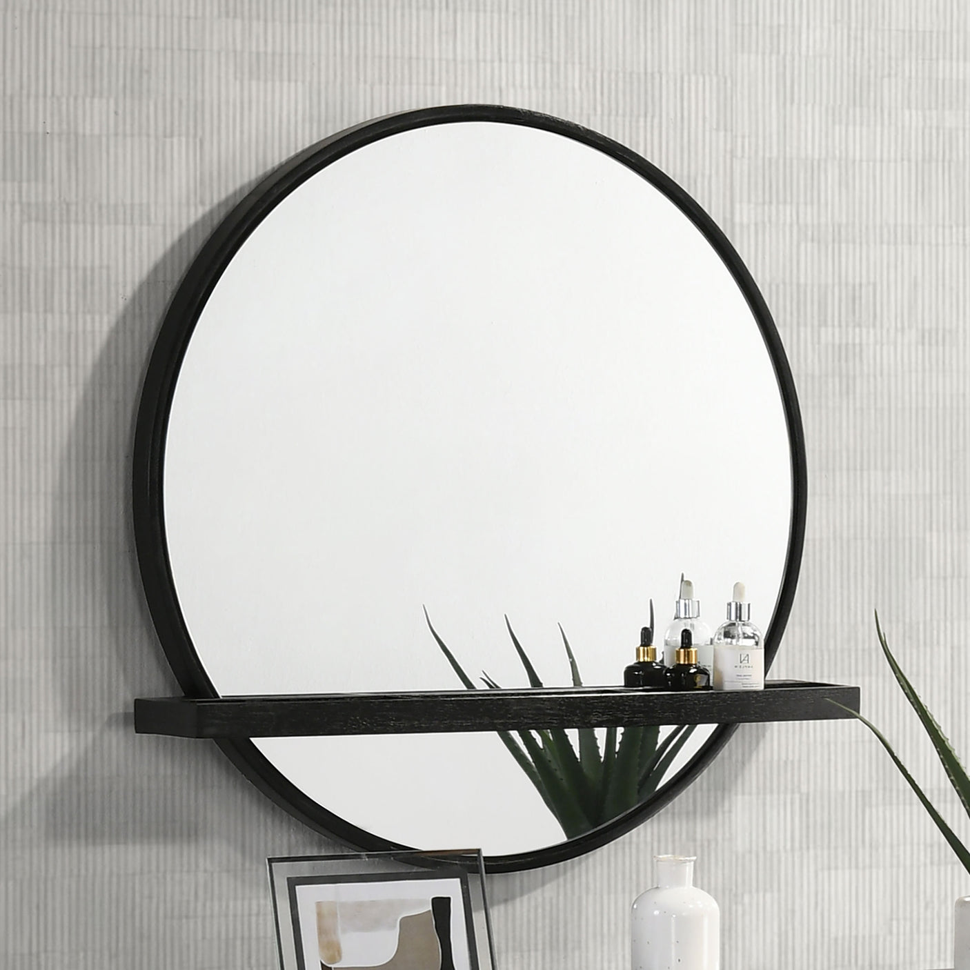 Vanity Mirror - Arini Round Vanity Wall Mirror with Shelf Black