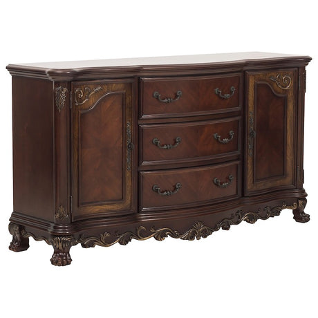 Wooden dresser with decorative carvings on a white background