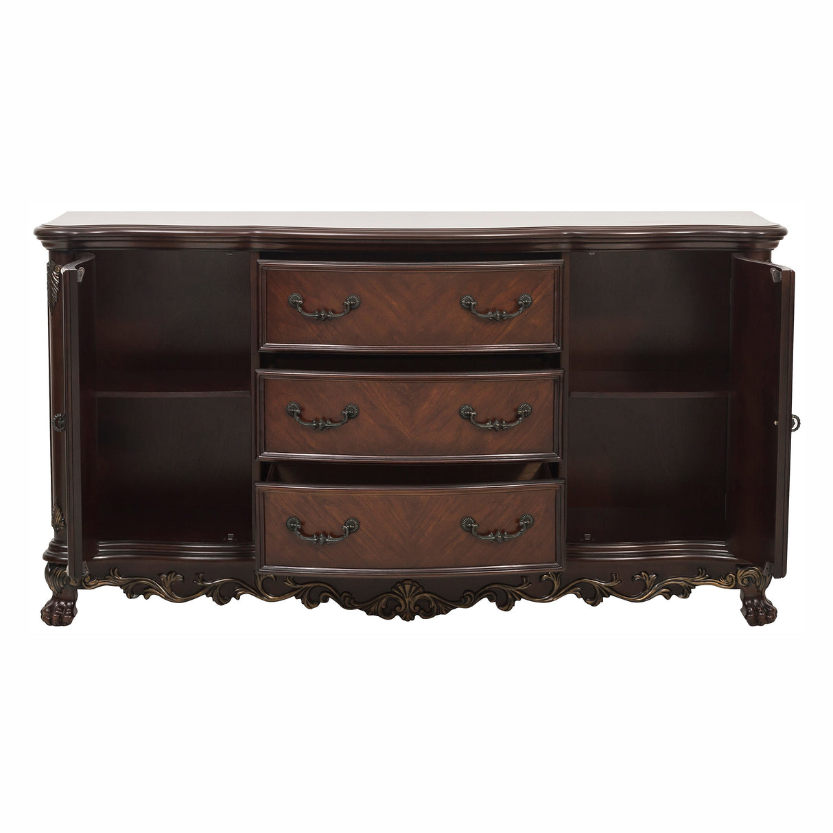 Dark wooden dresser with three drawers on a white background