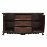 Dark wooden dresser with three drawers on a white background