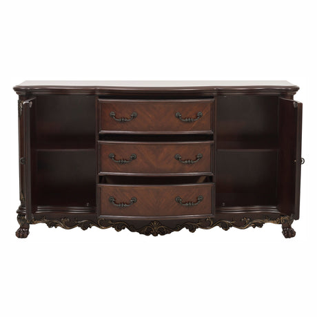 Dark wooden dresser with three drawers on a white background