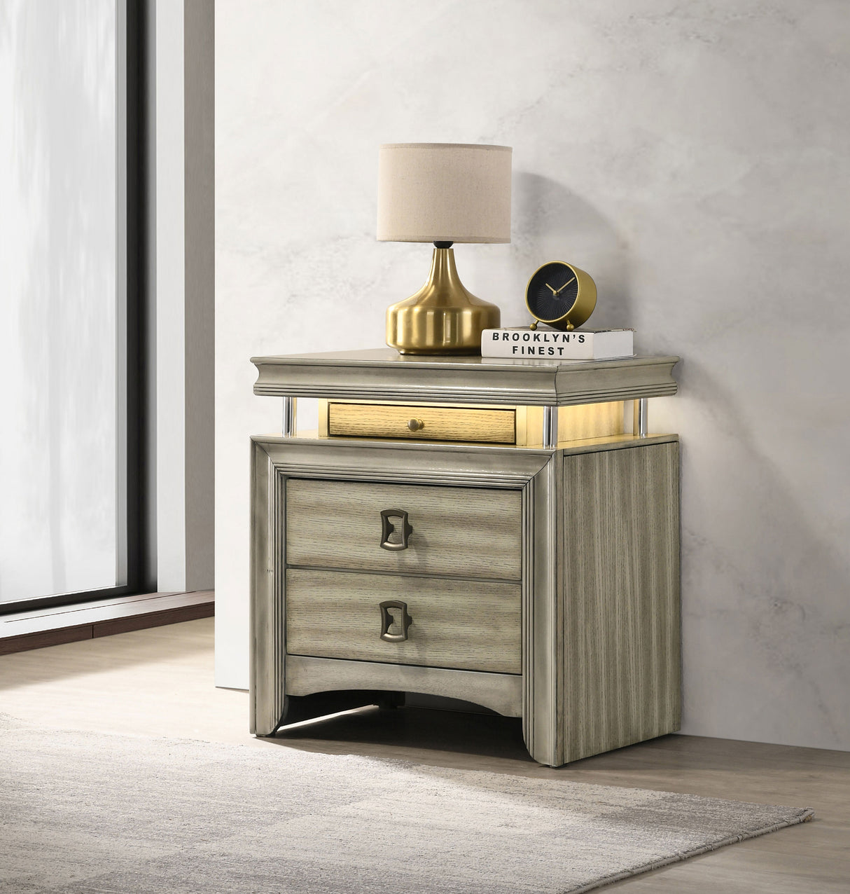 Nightstand - Giselle 3-drawer Nightstand Bedside Table with LED Rustic Beige