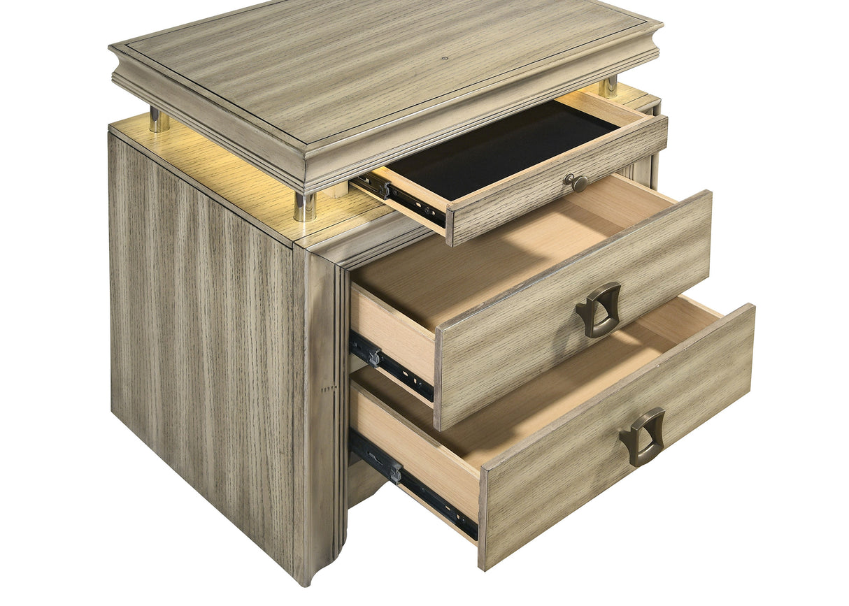 Nightstand - Giselle 3-drawer Nightstand Bedside Table with LED Rustic Beige