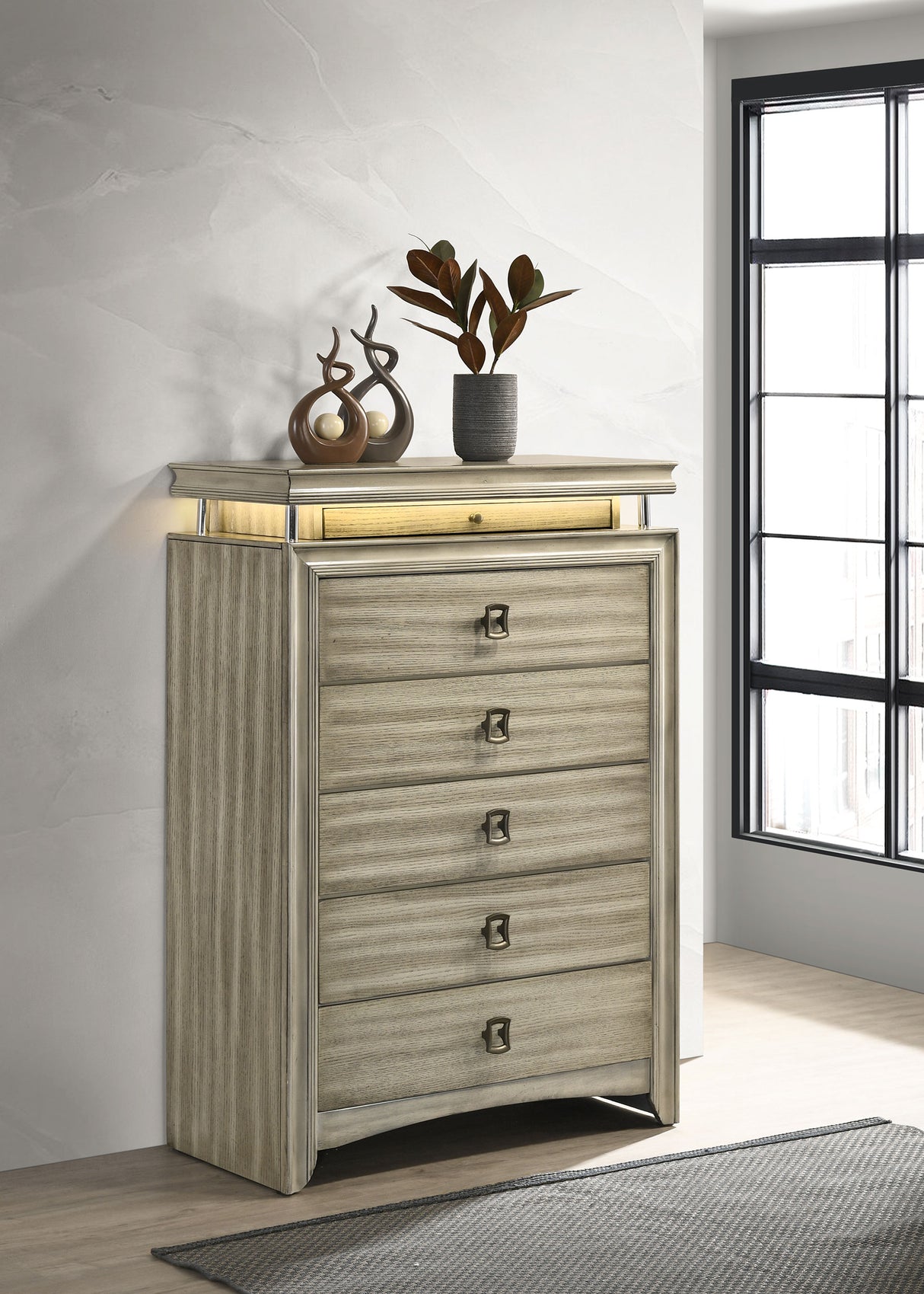 Chest - Giselle 6-drawer Bedroom Chest with LED Rustic Beige