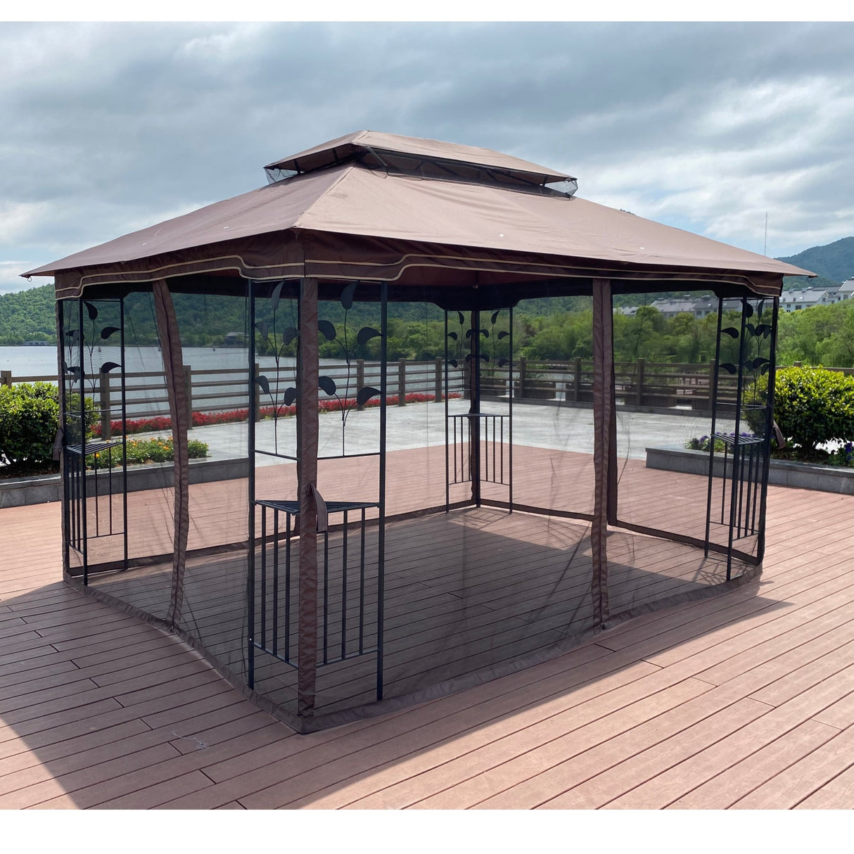 13x10 Outdoor Patio Gazebo Canopy Tent With Ventilated Double Roof And Mosquito net(Detachable Mesh Screen On All Sides),Suitable for Lawn, Garden, Backyard and Deck,Brown Top - Canopies & Gazebos - W41942173 - image - 6