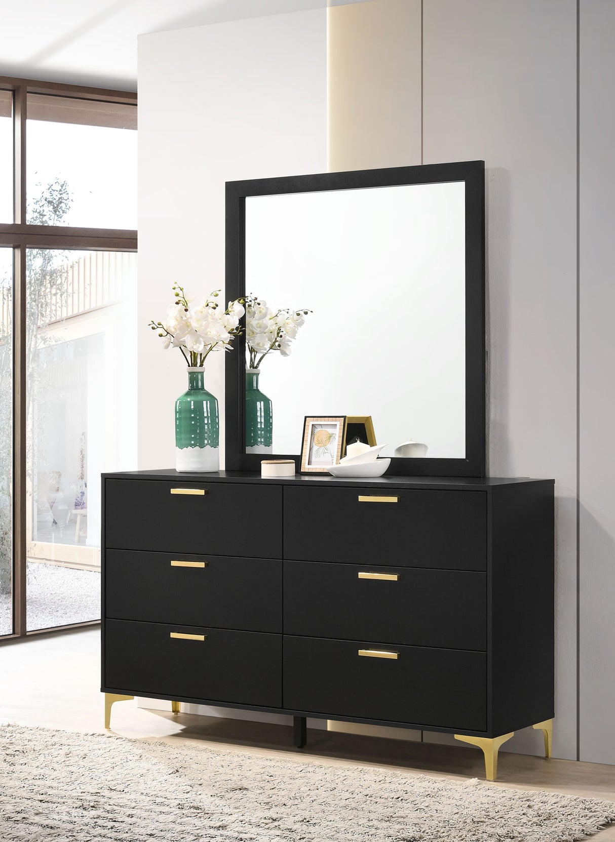 Dresser With Mirror - Kendall 6-drawer Dresser with Mirror Black and Gold