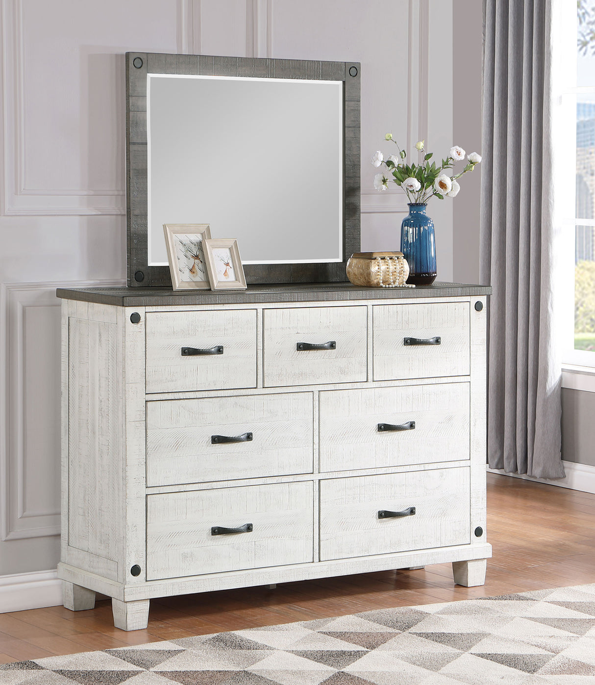 Dresser With Mirror - Lilith 7-drawer Dresser with Mirror Distressed Grey and White