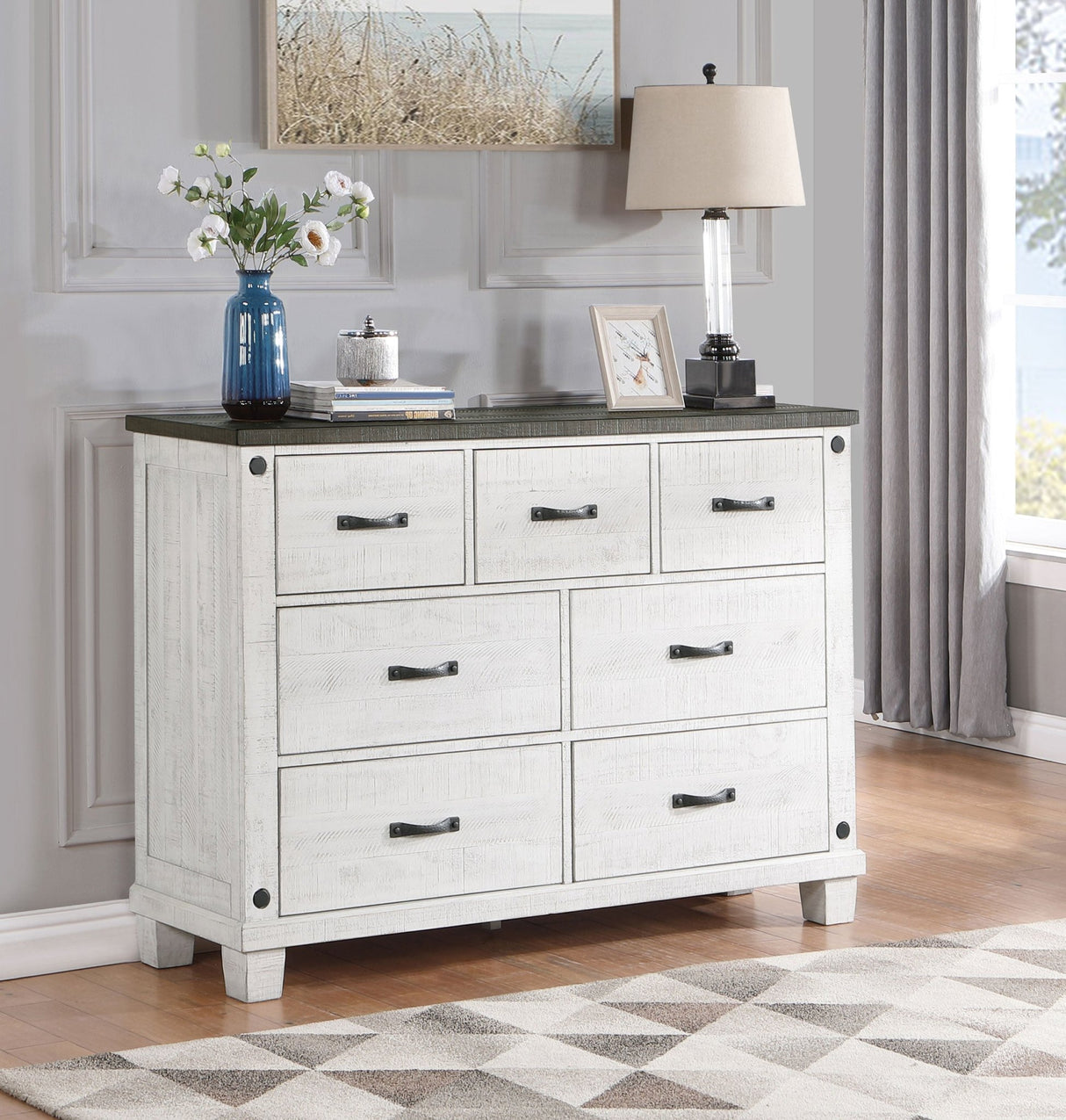 Dresser - Lilith 7-drawer Dresser Distressed Grey and White