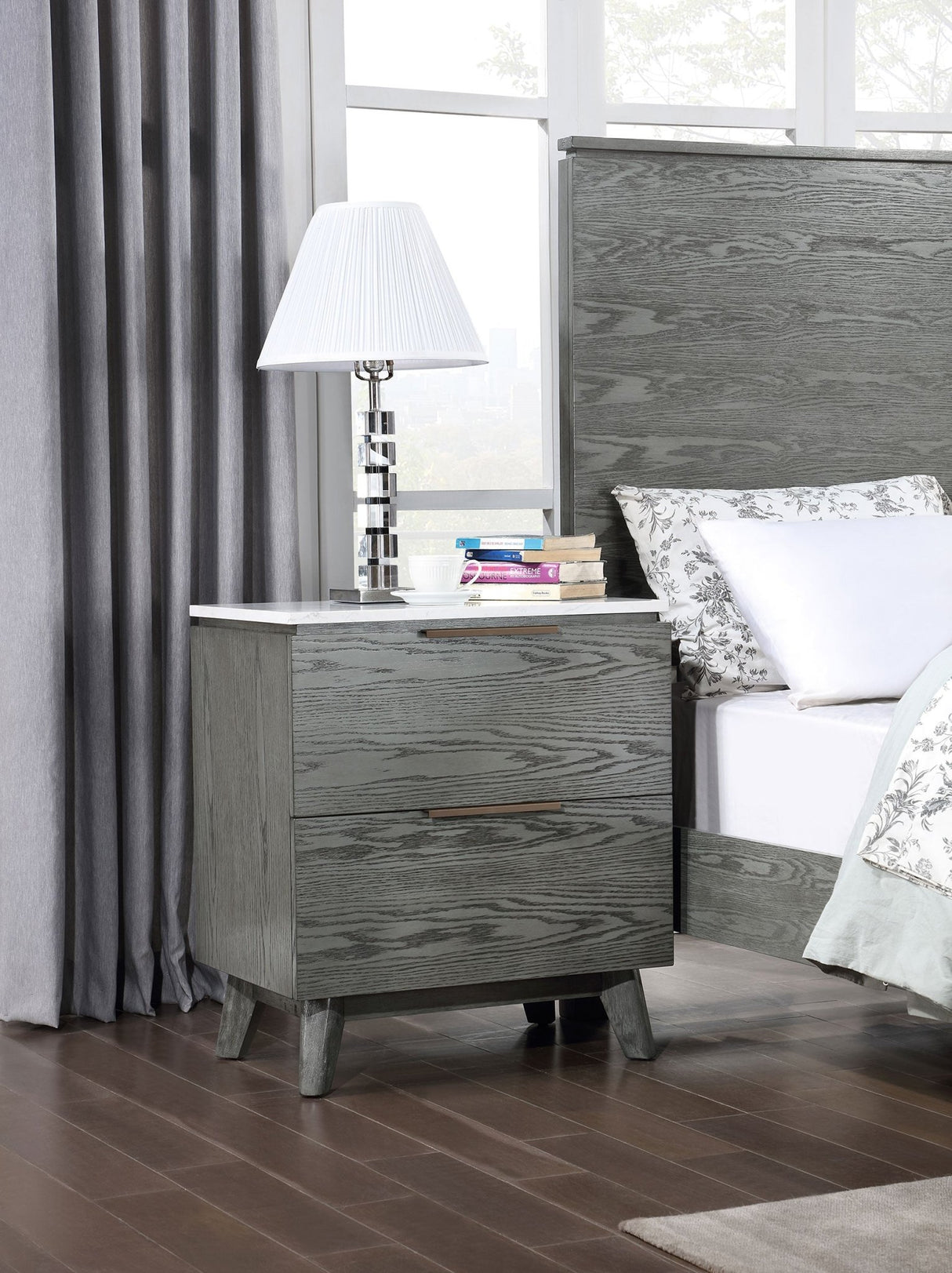 Nightstand - Nathan 2-drawer Nightstand with USB Port White Marble and Grey