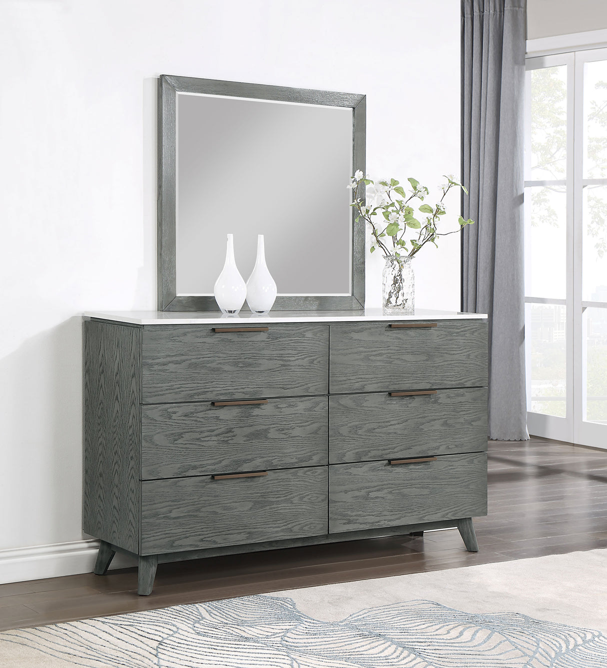 Dresser With Mirror - Nathan 6-drawer Dresser with Mirror White Marble and Grey