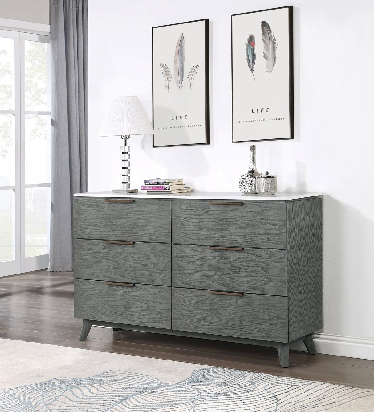 Dresser - Nathan 6-drawer Dresser White Marble and Grey