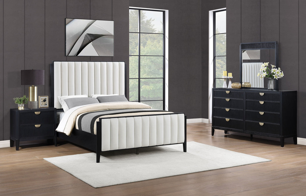 Brookmead 4‑Piece Queen Bedroom Set in Black with Ivory Upholstery & Gold Accents | Coaster - sold by Home Elegance USA