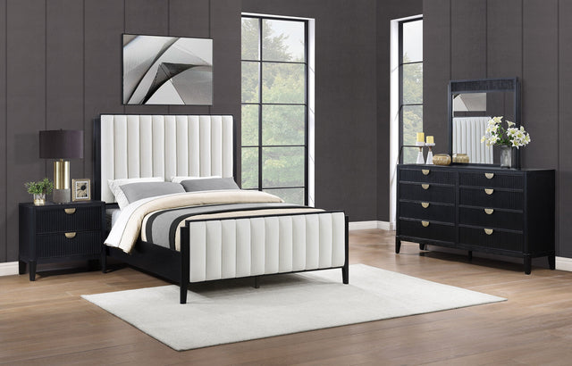 Brookmead 4‑Piece Queen Bedroom Set in Black with Ivory Upholstery & Gold Accents | Coaster - sold by Home Elegance USA