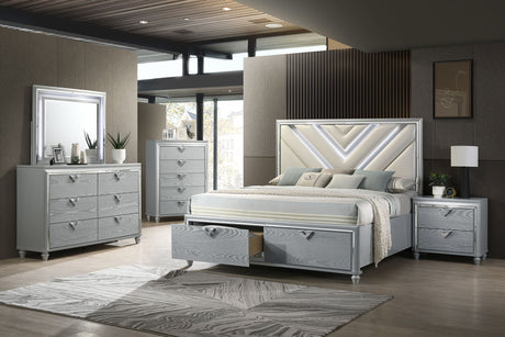 Eastern King Storage Bed  - Veronica Wood Eastern King LED Storage Bed Light Silver