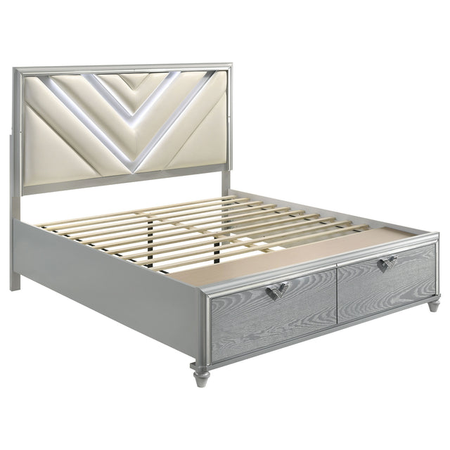 Queen Storage Bed - Veronica Wood Queen LED Storage Panel Bed Light Silver