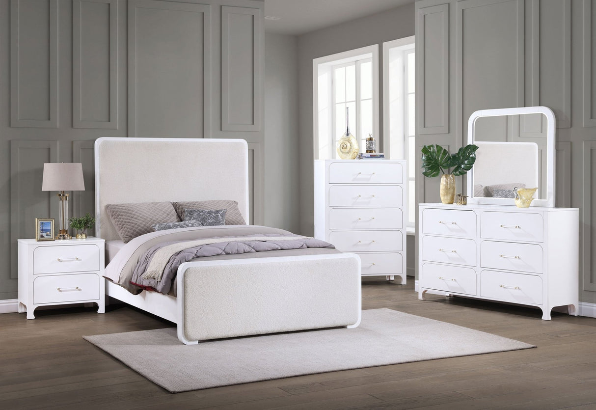 Anastasia Upholstered Eastern King Panel Bed Pearl White | Coaster | Home Elegance USA