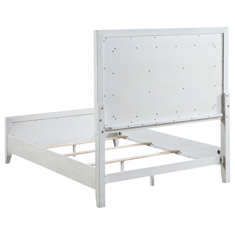 Marielle Eastern King Upholstered Panel Bed Distressed White