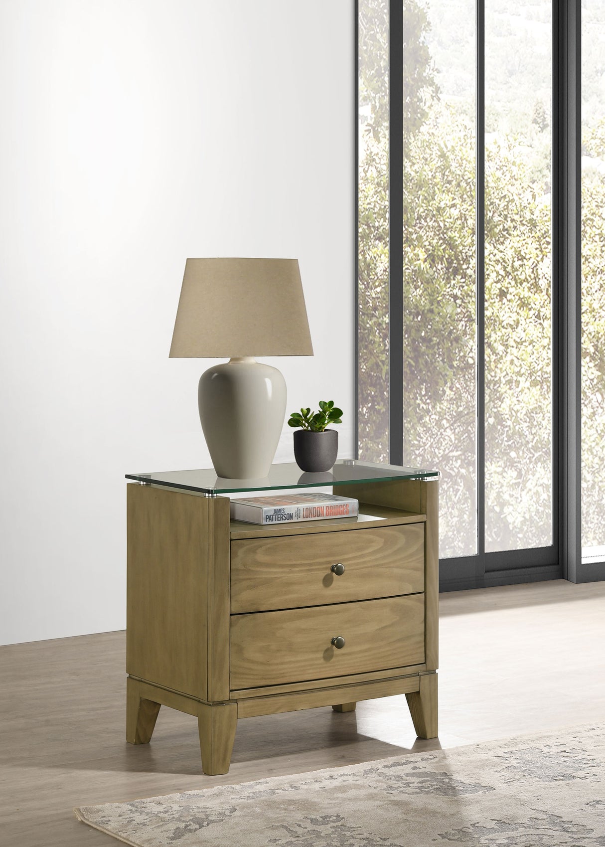 Granada 2-drawer Glass Top Nightstand Natural Pine - Home Elegance USA