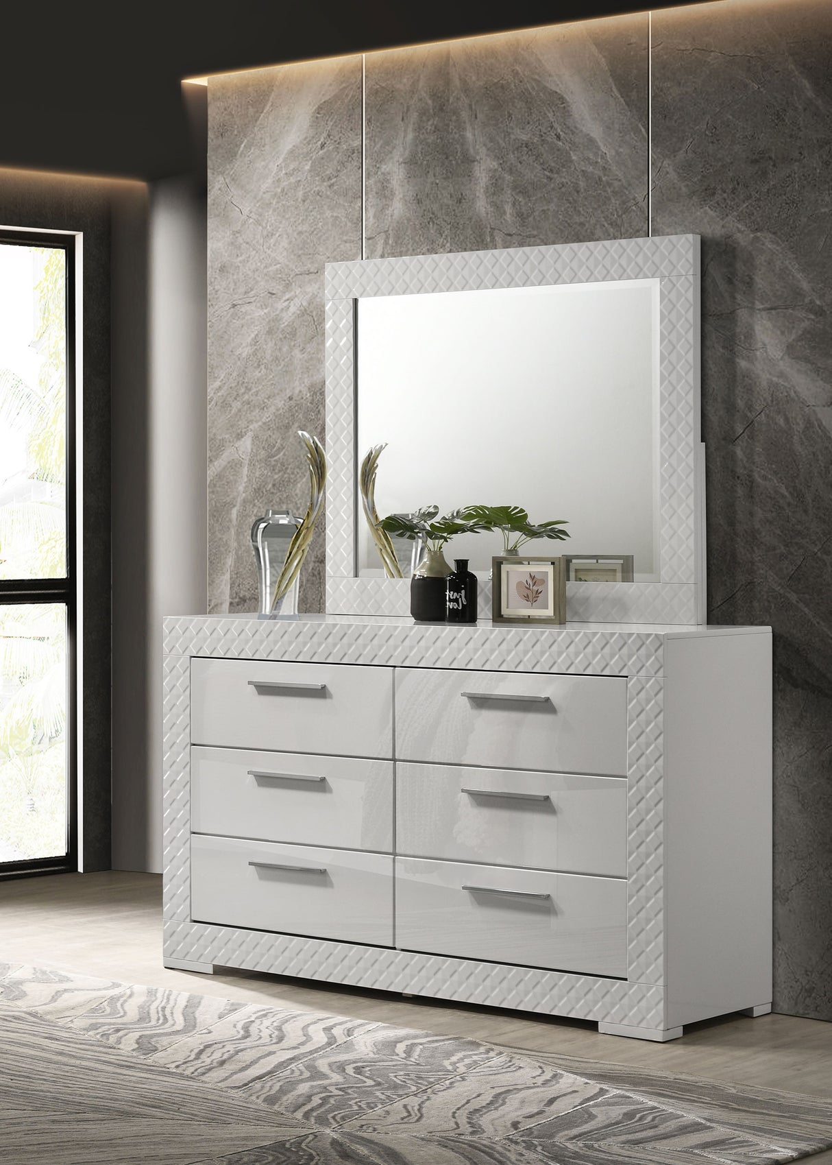 Ives 6-drawer Dresser and Mirror White High Gloss - Home Elegance USA