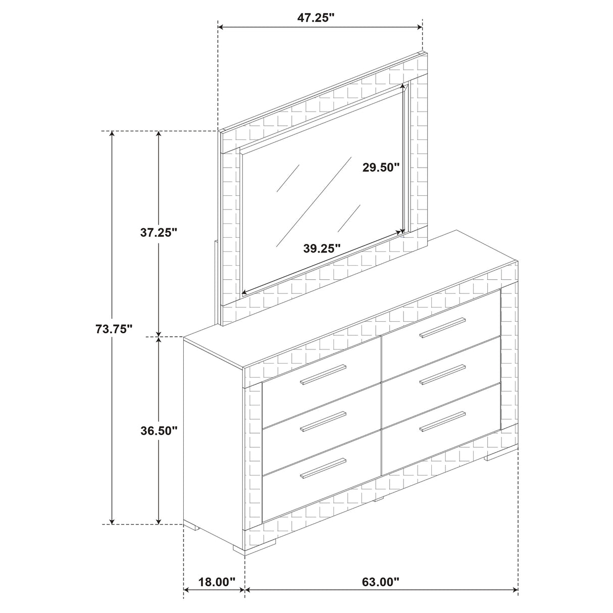 Ives 6-drawer Dresser and Mirror White High Gloss - Home Elegance USA