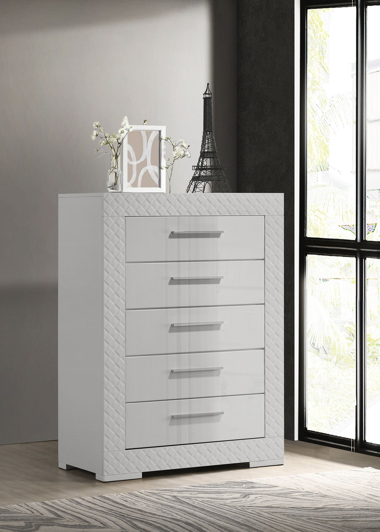 Ives 5-drawer Bedroom Chest of Drawers White High Gloss - Home Elegance USA