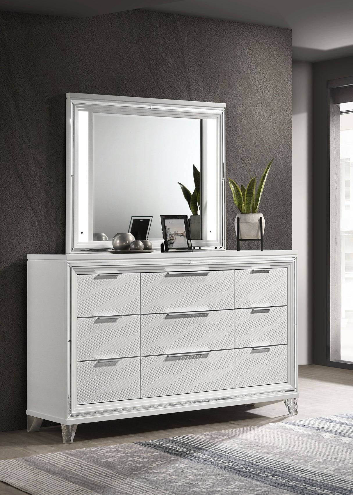 Marmore 9-drawer Dresser and LED Mirror White - Home Elegance USA