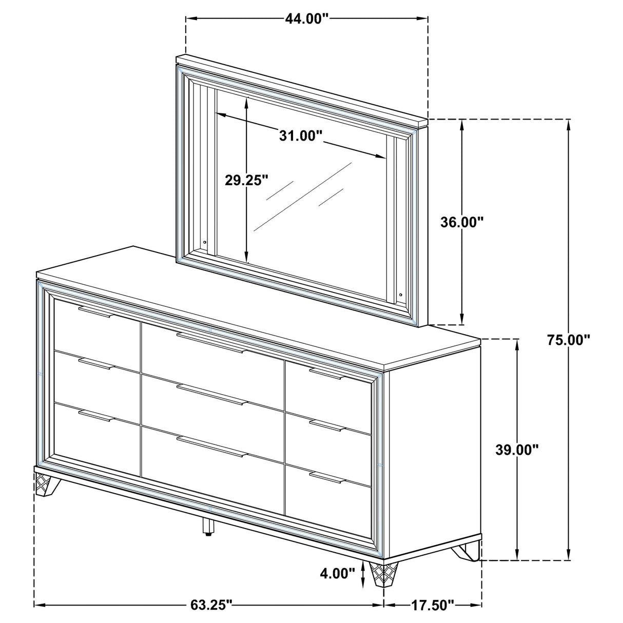 Marmore 9-drawer Dresser and LED Mirror White - Home Elegance USA