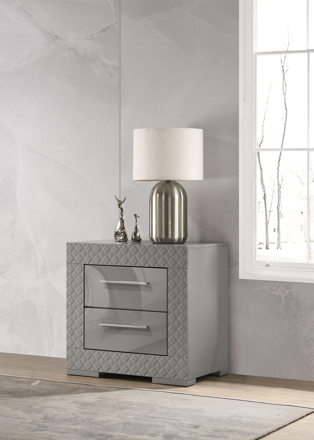 Ives 2-drawer Nightstand Bedside Table Grey High Gloss - Home Elegance USA
