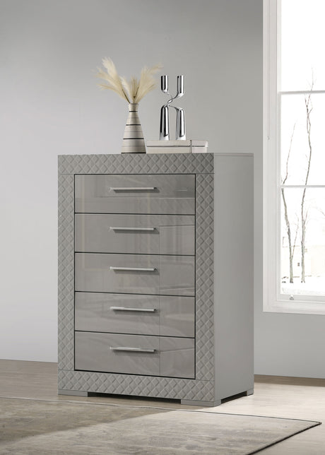 Ives 5-drawer Bedroom Chest of Drawers Grey High Gloss - Home Elegance USA