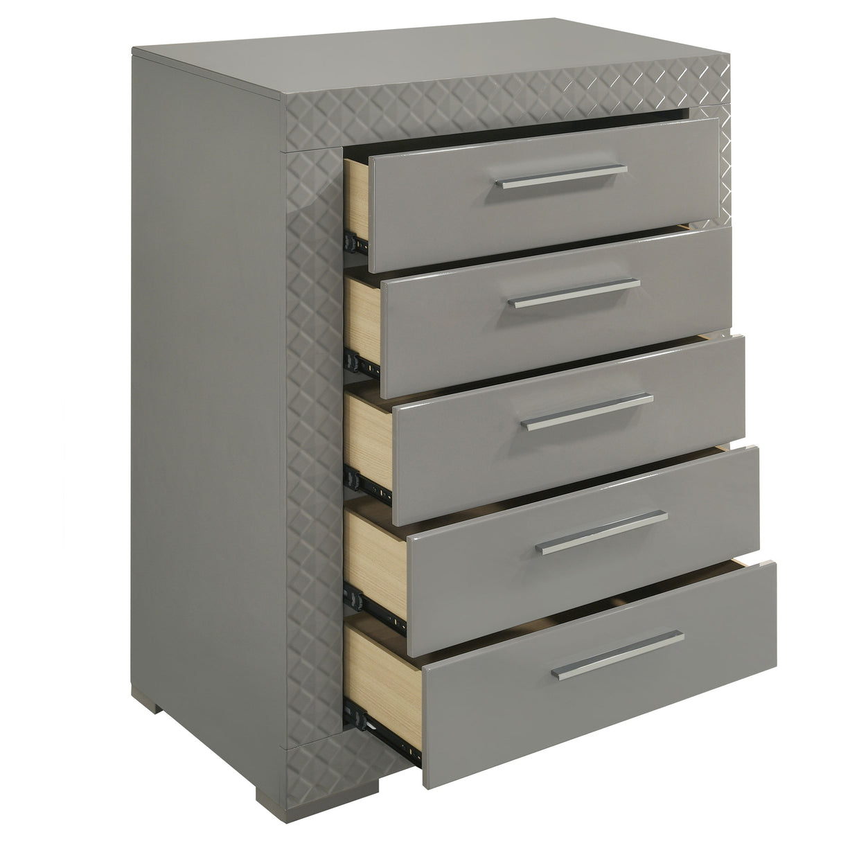 Ives 5-drawer Bedroom Chest of Drawers Grey High Gloss - Home Elegance USA