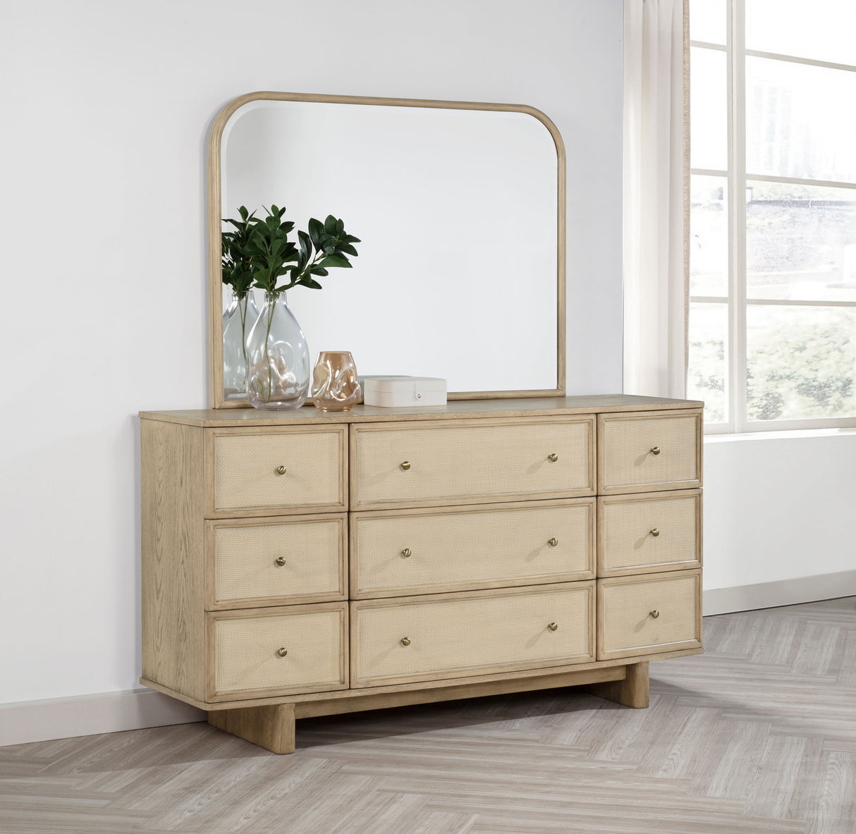 Kailani 9-drawer Dresser and Mirror Beige Oak - Home Elegance USA