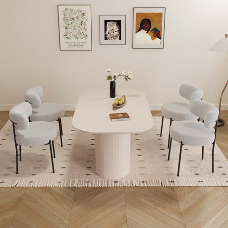 63' medieval modern cream style MDF dining table and 4 sets of circular cushioned armless dining chairs. Assemble desktop and black metal leg dining chair set, suitable for home & kitchen - sold by Home Elegance USA