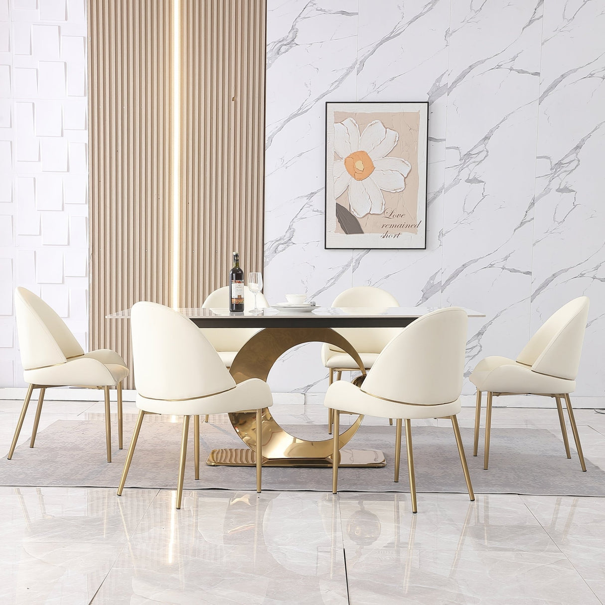 71-Inch Stone DiningTable with Carrara White color and Round special shape stainless steel Gold Pedestal Base - Home Elegance USA