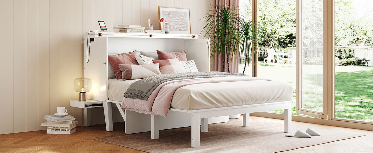 Queen Size Murphy Bed with USB Port and removable Shelves on Each Side,White - Home Elegance USA